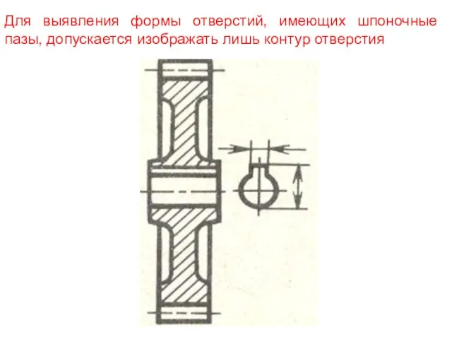 Для выявления формы отверстий, имеющих шпоночные пазы, допускается изображать лишь контур отверстия