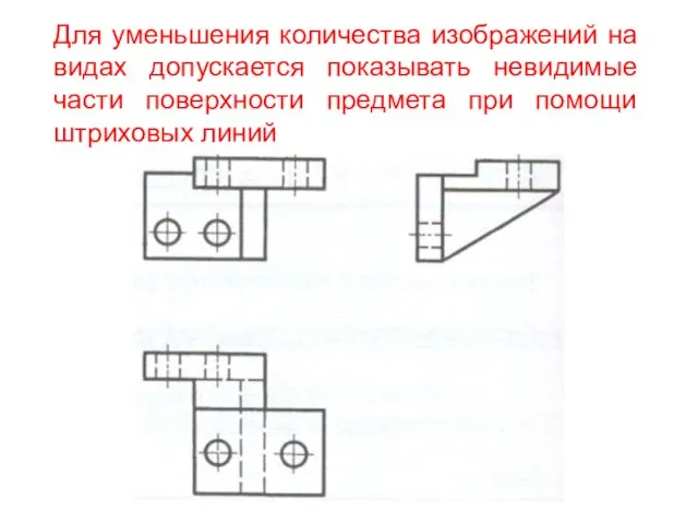 Для уменьшения количества изображений на видах допускается показывать невидимые части поверхности предмета при помощи штриховых линий