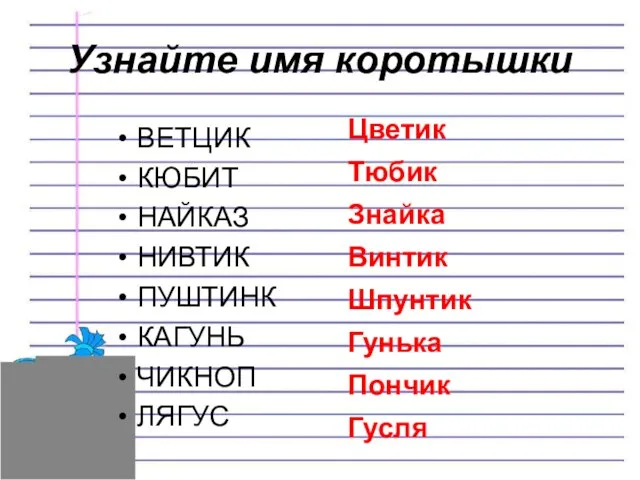 Узнайте имя коротышки ВЕТЦИК КЮБИТ НАЙКАЗ НИВТИК ПУШТИНК КАГУНЬ ЧИКНОП ЛЯГУС