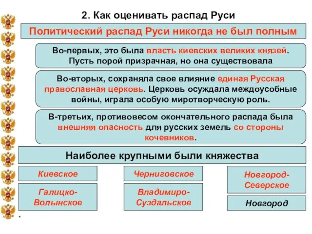 * 2. Как оценивать распад Руси Политический распад Руси никогда не