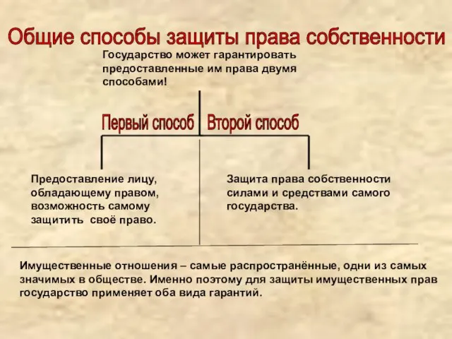 Общие способы защиты права собственности Государство может гарантировать предоставленные им права