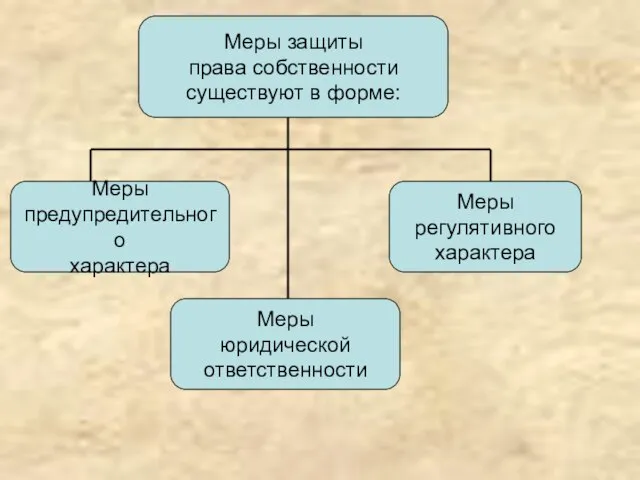 Меры защиты права собственности существуют в форме: Меры предупредительного характера Меры юридической ответственности Меры регулятивного характера