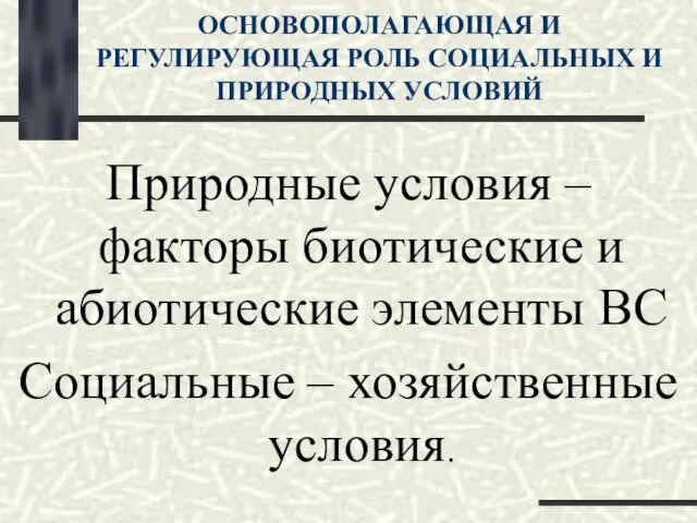 ОСНОВОПОЛАГАЮЩАЯ И РЕГУЛИРУЮЩАЯ РОЛЬ СОЦИАЛЬНЫХ И ПРИРОДНЫХ УСЛОВИЙ Природные условия –