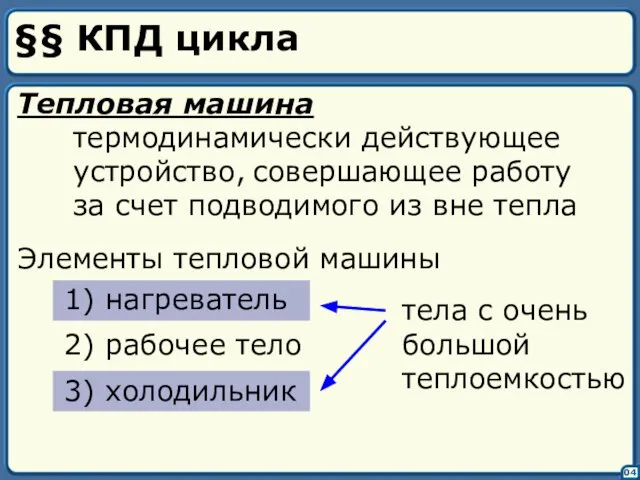 §§ КПД цикла 04 Тепловая машина термодинамически действующее устройство, совершающее работу