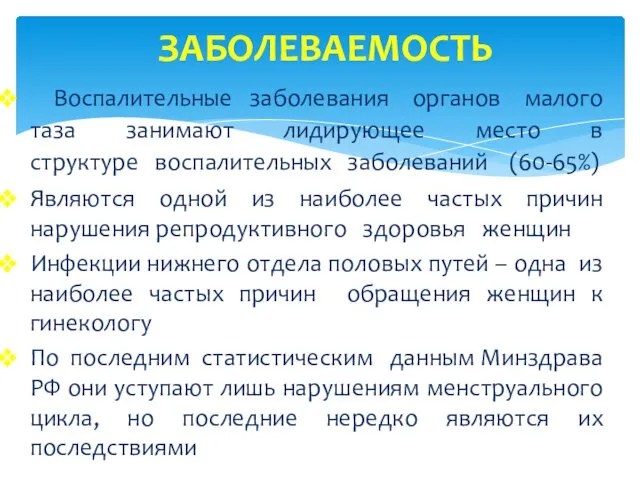 ЗАБОЛЕВАЕМОСТЬ Воспалительные заболевания органов малого таза занимают лидирующее место в структуре