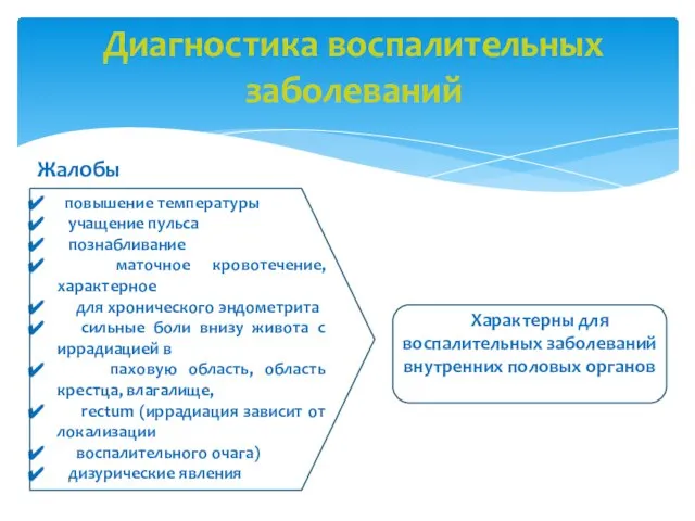 Диагностика воспалительных заболеваний Жалобы повышение температуры учащение пульса познабливание маточное кровотечение,