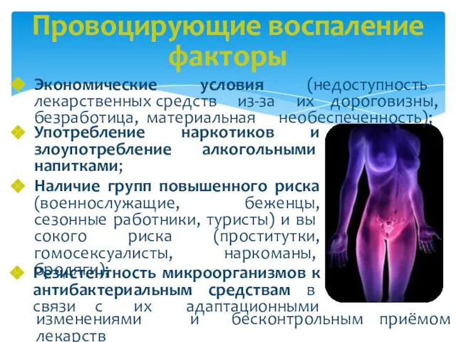 Провоцирующие воспаление факторы Экономические условия (недоступность лекарственных средств из-за их дороговизны,