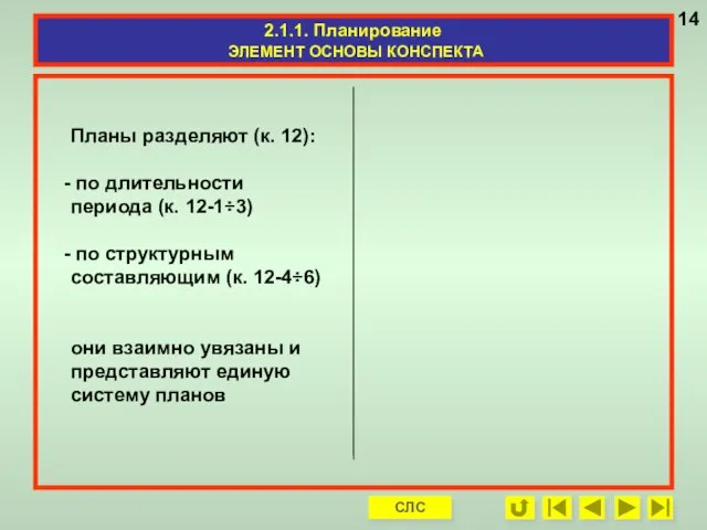 Планы разделяют (к. 12): по длительности периода (к. 12-1÷3) по структурным