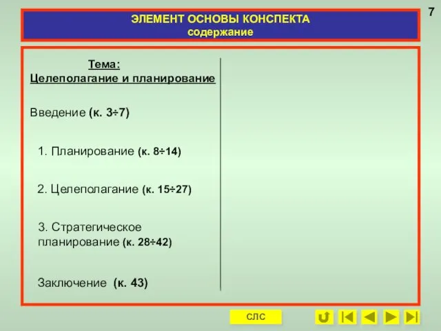 ЭЛЕМЕНТ ОСНОВЫ КОНСПЕКТА содержание Тема: Целеполагание и планирование Введение (к. 3÷7)