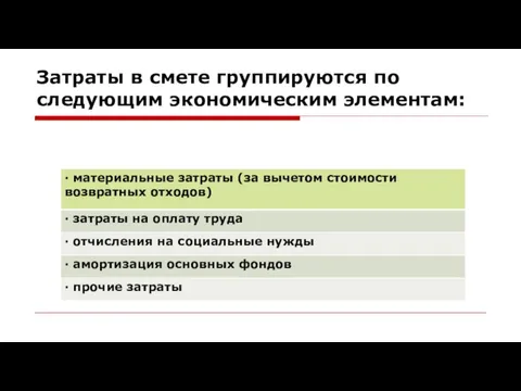 Затраты в смете группируются по следующим экономическим элементам: