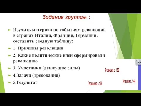 Задание группам : Изучить материал по событиям революций в странах Италии,