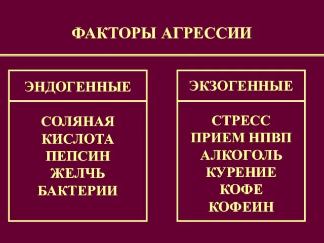 ФАКТОРЫ АГРЕССИИ ЭНДОГЕННЫЕ СОЛЯНАЯ КИСЛОТА ПЕПСИН ЖЕЛЧЬ БАКТЕРИИ ЭКЗОГЕННЫЕ СТРЕСС ПРИЕМ НПВП АЛКОГОЛЬ КУРЕНИЕ КОФЕ КОФЕИН