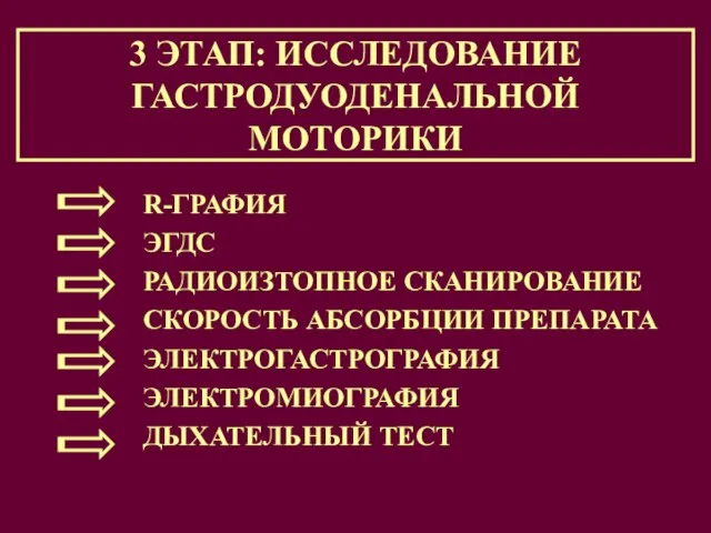 R-ГРАФИЯ ЭГДС РАДИОИЗТОПНОЕ СКАНИРОВАНИЕ СКОРОСТЬ АБСОРБЦИИ ПРЕПАРАТА ЭЛЕКТРОГАСТРОГРАФИЯ ЭЛЕКТРОМИОГРАФИЯ ДЫХАТЕЛЬНЫЙ ТЕСТ 3 ЭТАП: ИССЛЕДОВАНИЕ ГАСТРОДУОДЕНАЛЬНОЙ МОТОРИКИ