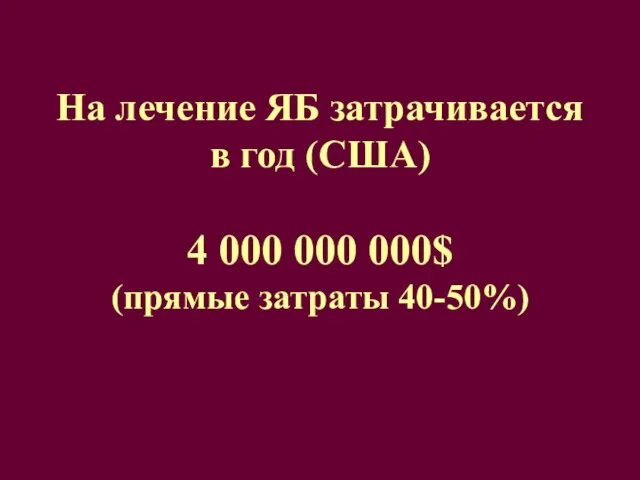 На лечение ЯБ затрачивается в год (США) 4 000 000 000$ (прямые затраты 40-50%)