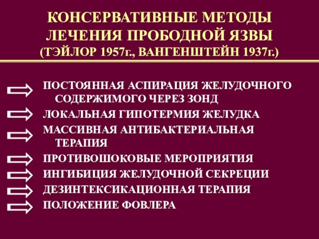 КОНСЕРВАТИВНЫЕ МЕТОДЫ ЛЕЧЕНИЯ ПРОБОДНОЙ ЯЗВЫ (ТЭЙЛОР 1957г., ВАНГЕНШТЕЙН 1937г.) ПОСТОЯННАЯ АСПИРАЦИЯ