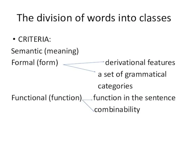 The division of words into classes CRITERIA: Semantic (meaning) Formal (form)