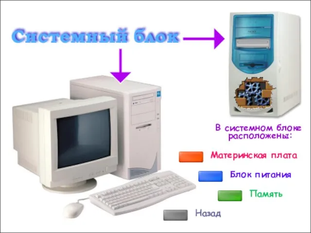 Системный блок Материнская плата Блок питания Память В системном блоке расположены: Назад