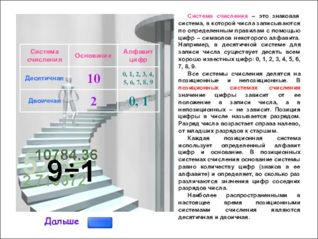 Дальше Система счисления – это знаковая система, в которой числа записываются