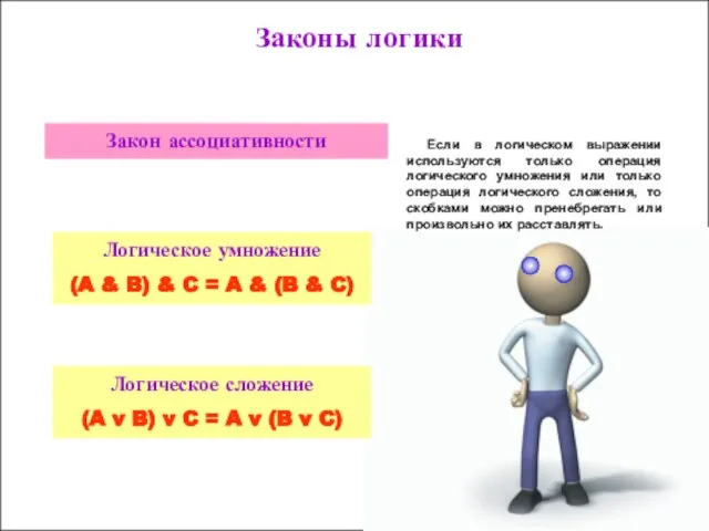 Законы логики Закон ассоциативности Логическое умножение (A & B) & C