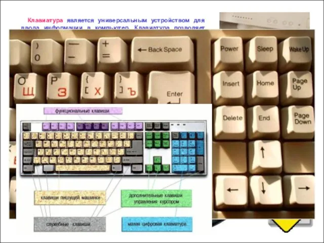 Клавиатура является универсальным устройством для ввода информации в компьютер. Клавиатура позволяет