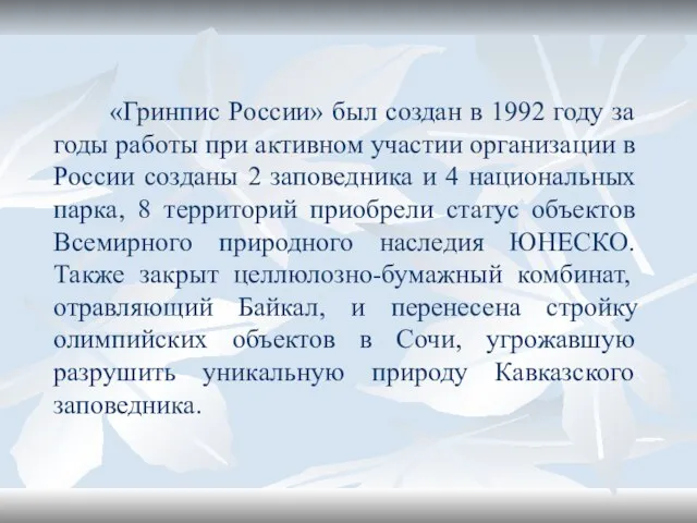 «Гринпис России» был создан в 1992 году за годы работы при