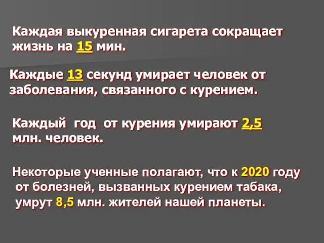 Некоторые ученные полагают, что к 2020 году от болезней, вызванных курением