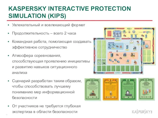 KASPERSKY INTERACTIVE PROTECTION SIMULATION (KIPS) Увлекательный и вовлекающий формат Продолжительность –