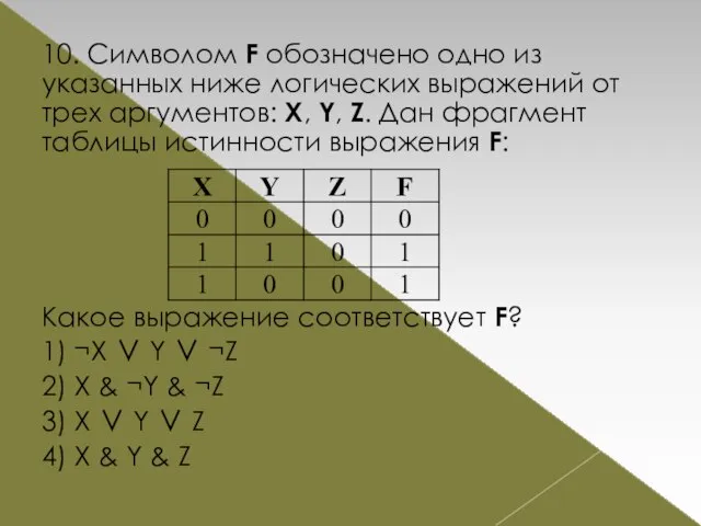 10. Символом F обозначено одно из указанных ниже логических выражений от