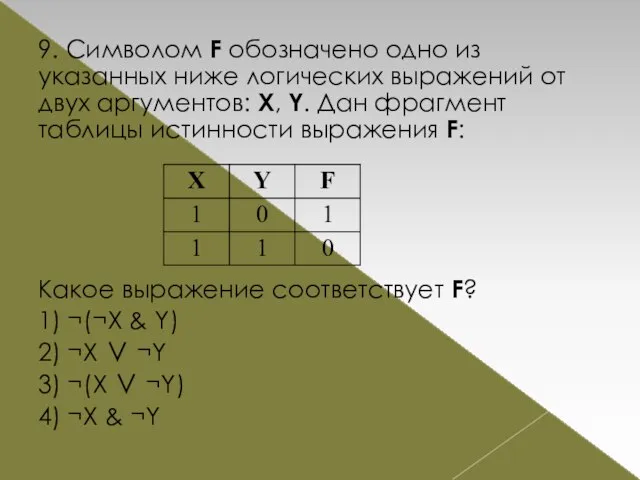 9. Символом F обозначено одно из указанных ниже логических выражений от