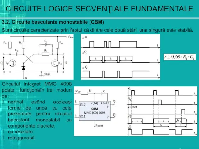 CIRCUITE LOGICE SECVENŢIALE FUNDAMENTALE 3.2. Circuite basculante monostabile (CBM) Sunt circuite