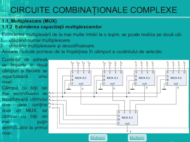 CIRCUITE COMBINAȚIONALE COMPLEXE 1.1. Multiplexoare (MUX) 1.1.2. Extinderea capacitaţii multiplexoarelor Extinderea