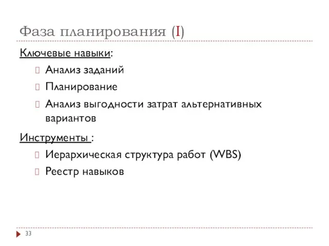 Фаза планирования (I) Ключевые навыки: Анализ заданий Планирование Анализ выгодности затрат