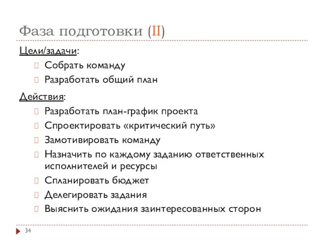 Фаза подготовки (II) Цели/задачи: Собрать команду Разработать общий план Действия: Разработать