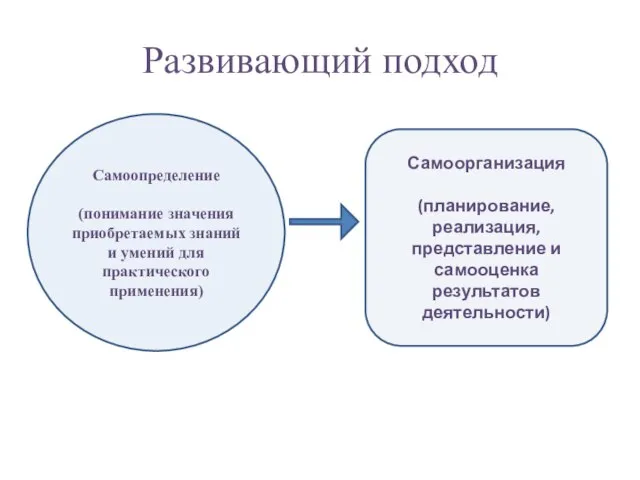 Развивающий подход Самоорганизация (планирование, реализация, представление и самооценка результатов деятельности) Самоопределение