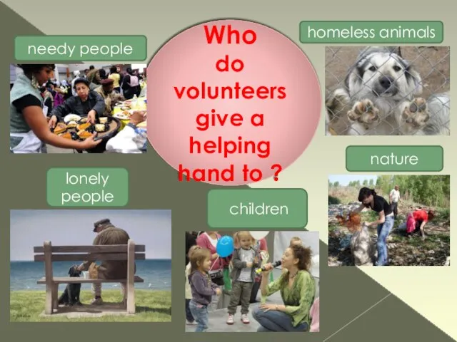 needy people homeless animals lonely people children nature Who do volunteers