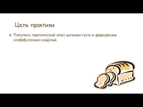 Получить практический опыт деления теста и формования хлебобулочных изделий Цель практики