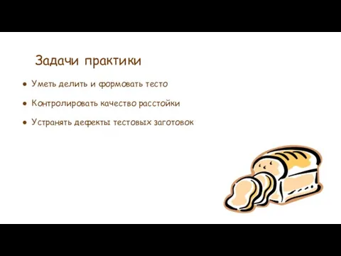 Задачи практики Уметь делить и формовать тесто Контролировать качество расстойки Устранять дефекты тестовых заготовок