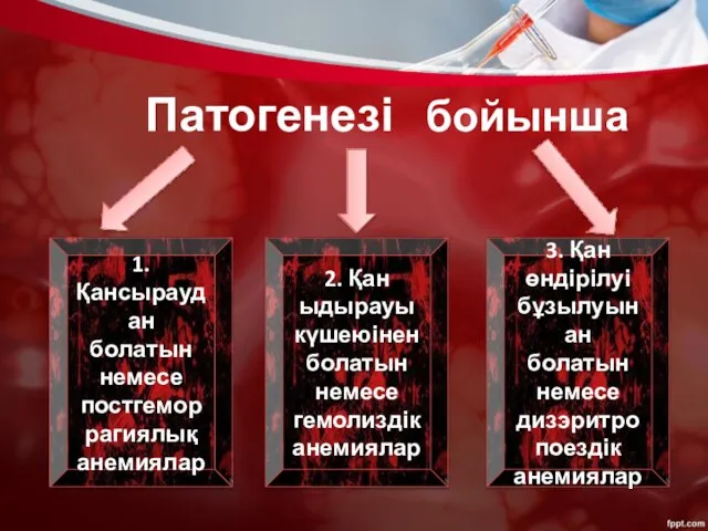 1.Қансыраудан болатын немесе постгеморрагиялық анемиялар 2. Қан ыдырауы күшеюінен болатын немесе