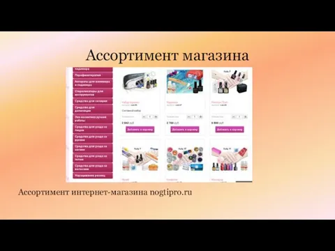 Ассортимент магазина Ассортимент интернет-магазина nogtipro.ru