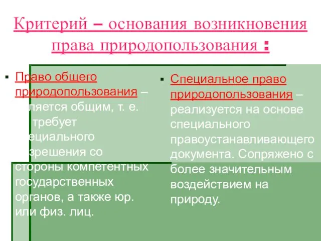 Критерий – основания возникновения права природопользования : Право общего природопользования –