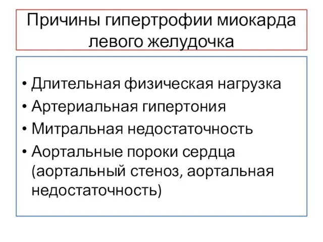 Причины гипертрофии миокарда левого желудочка Длительная физическая нагрузка Артериальная гипертония Митральная