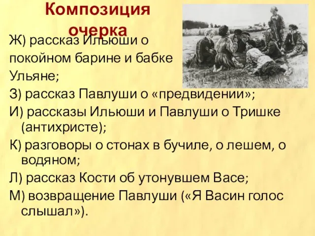 Композиция очерка Ж) рассказ Ильюши о покойном барине и бабке Ульяне;