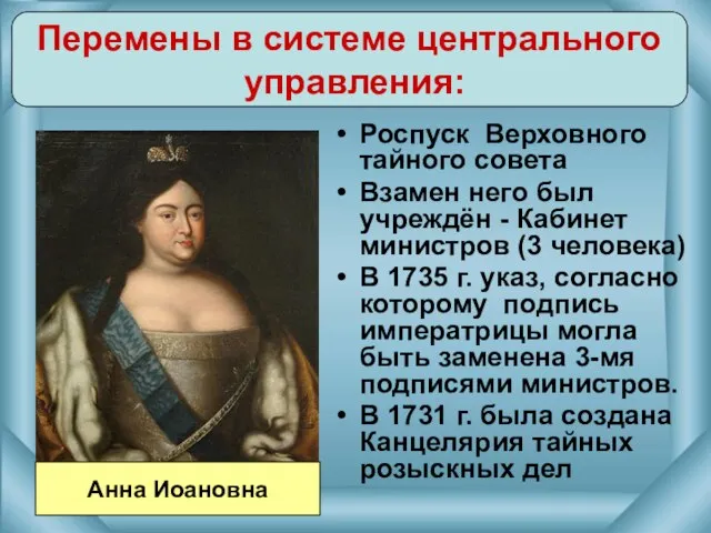 Роспуск Верховного тайного совета Взамен него был учреждён - Кабинет министров