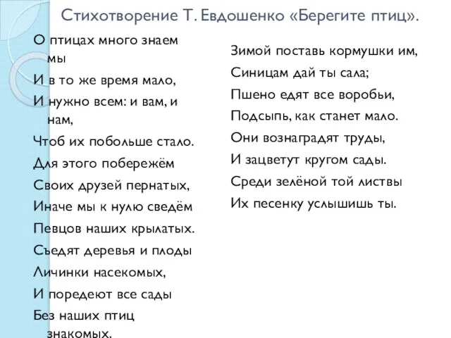 Стихотворение Т. Евдошенко «Берегите птиц». О птицах много знаем мы И