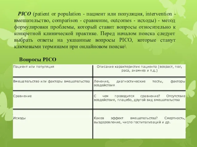 PICO (patient or population - пациент или популяция, intervention - вмешательство,