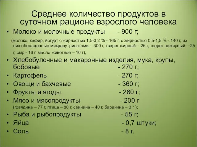 Среднее количество продуктов в суточном рационе взрослого человека Молоко и молочные