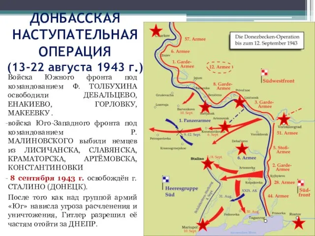 ДОНБАССКАЯ НАСТУПАТЕЛЬНАЯ ОПЕРАЦИЯ (13-22 августа 1943 г.) Войска Южного фронта под