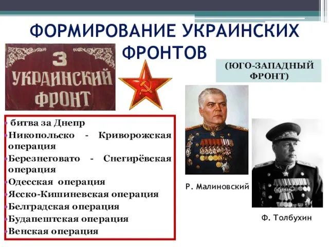 ФОРМИРОВАНИЕ УКРАИНСКИХ ФРОНТОВ (ЮГО-ЗАПАДНЫЙ ФРОНТ) битва за Днепр Никопольско - Криворожская