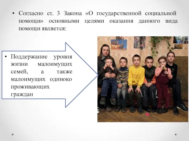 Согласно ст. 3 Закона «О государственной социальной помощи» основными целями оказания