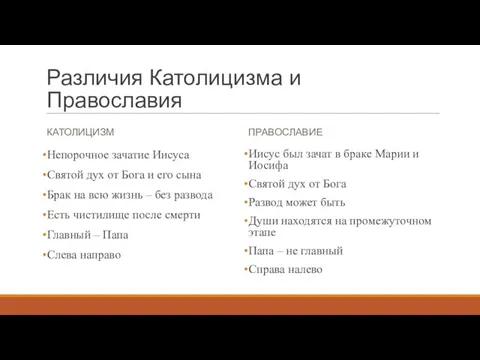 Различия Католицизма и Православия КАТОЛИЦИЗМ Непорочное зачатие Иисуса Святой дух от